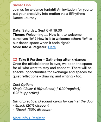 A Telegram messae for an event.